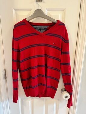 Tommy Hilfiger Red V-Neck Striped Sweater with Navy Accents